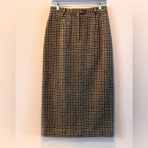 Lauren Ralph Lauren brown multi plaid hounds tooth straight midi wool skirt